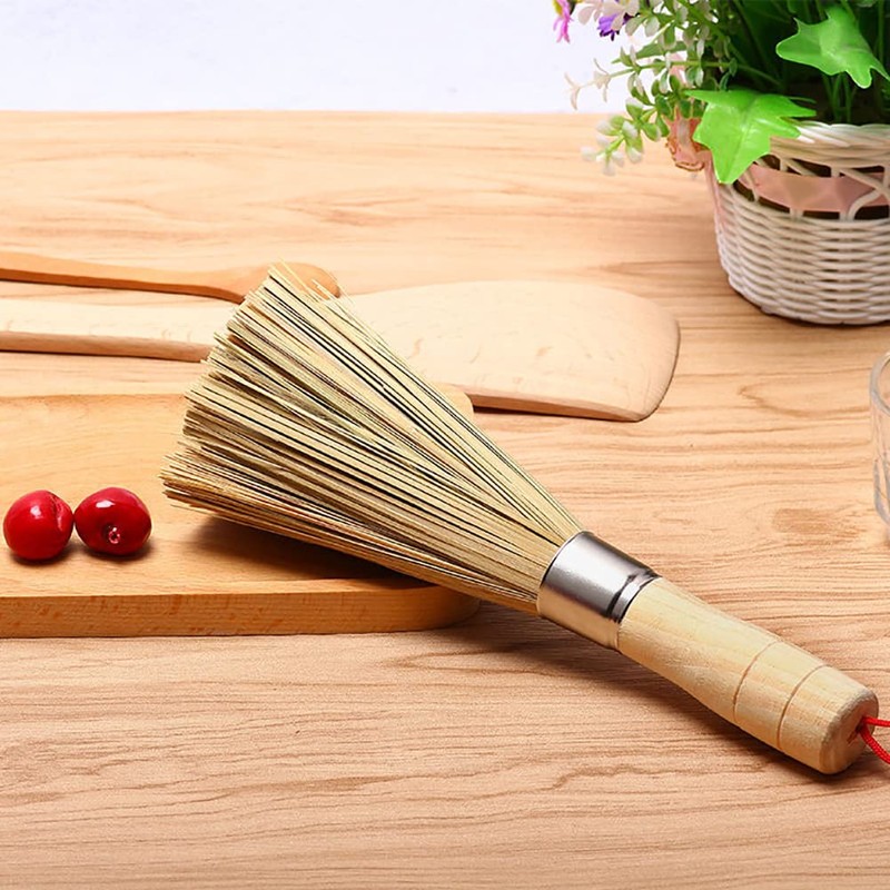HugeDE 2 Pcs Traditional Natural Bamboo Wok Brushes Bamboo Pot