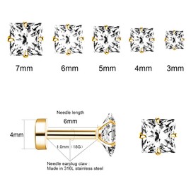 KWUNCCI Princess Cut Clear Cubic Zirconia Stud Earrings for Women Men Square Earrings Studs Hypoallergenic Surgical Steel Helix Screw Back Earrings 18G 5 Pairs 3-7mm