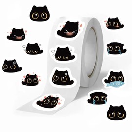 Black Cat Sticker Rolls - 500Pcs Funny Cartoon Cat Meme 10 Style Stickers Gifts Pack for Kids Teen Adults, Cute Label Decals Crafts for Laptop Guitar Skateboard Home Decor School Rewards
