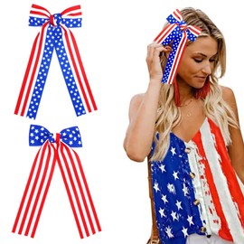 Beleki 4th of July Patriotic Hair Bows for Women and Girls, 2PCS Red White Blue Hair Clips USA American Flag Hair Bow with Long Tail Satin Bow Fourth of July Independence Day Hair Accessories