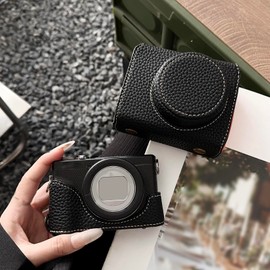 G7X II G7X III Case, Vintage Leather Camera Case with Opening Bottom Shoulder Strap for PowerShot G7 X Mark II/ G7 X Mark III Camera, Protective Case with Strap (Black)