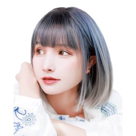 TefuRe D-3111-BkFb Fashion Wig Bob Short Wig Net Girly Flat Bob Black/Fog Blue