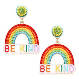 Teacher Pencil Earrings for Women Beaded Pencil Dangle Earrings Statement Rainbow Match Apple Earrings Back To School Jewelry Teacher Appreciation Gift (BE KIND)