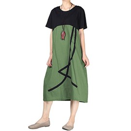 Minibee Women's Linen Casual Dress Summer Short Sleeve Midi A-line Boho Tunic Dresses with Pockets Green XXL