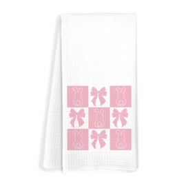 FITIE Easter Bunny Kitchen Towels, Coquette Pink Bow Easter Bunny Hand Towels for Bathroom Decor, Pink and White Checkered Dish Tea Towels for Kitchen, 16x24 Inch