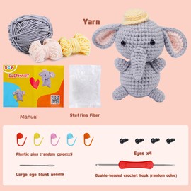 Beginners Crochet Kit Animal Elephant Crochet Starter Kit with Easy Peasy Yarn, Polyester Fiber Filler, Crochet Hooks, Step-by-Step Video Tutorial for DIY Craft Gift