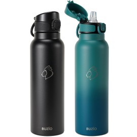BUZIO 2 Pack Insulated Water Bottle with Straw 1L - Stainless Steel Water Bottle with Straw 1L and POPUP Lid - BPA Free - Cold for 48 Hrs - 100% Leak Poof - 1L Water Bottle - Black&Blue