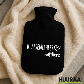 Huuraa Wärmflasche Klassenlehrer mit Herz Geschenk 1,8 Liter Black Classic Veloursbezug Klassenlehrer Präsent