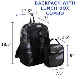 FUEL Backpack with Lunch Box Combo – 18 Inches Two Compartment Water Resistant Durable Adjustable Straps with Side Water Bottle Pockets 2 in 1 Set - Camouflage