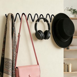 FKLOYP Black Wall Mounted Coat Rack, Decoration Wave Shaped Wall Hooks, Multi-Purpose Hooks for Coat, Hat, Bag, Umbrella, Heavy-Duty Metal Rail for Bedrooms, Living Rooms, Bathrooms(19.69" x 2.56")