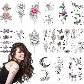 VIWIEU 15 Pcs Tattoo Stickers Small Beautiful Flowers Women Temporary Tattoo Body Seal Realistic Women Teen Girls Rose Lotus Daisy Butterfly Moon Star Gift Tattoo Set for Face, Neck, Chest, Bone,