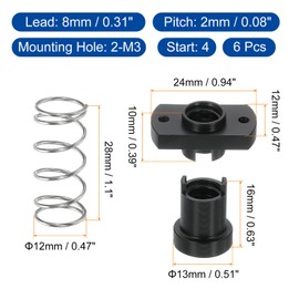sourcing map 6 Pcs Tr8x8 T8 POM Anti Backlash Spring Loaded Nut, Elimination Gap Nut (Acme Thread, 2mm Pitch, 4 Start, 8mm Lead) with 2-M3 Holes for DIY CNC 3D Printer Parts