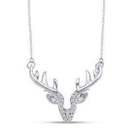 0.05 Carat (ctw) Round Cut Lab Created Moissanite Diamond Accent Deer Antler Pendant in 14K White Gold Over Sterling Silver, With 18" Chain