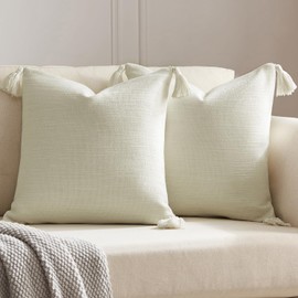 Meekio Set of 2 Ivory Pillow Covers 18 x 18 inches Neutral Pillow Covers Textured Throw Pillow Covers with Tassels for Neutral Home Decor