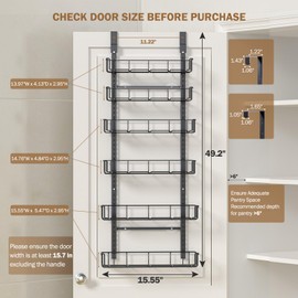 Delamu Adjustable Over The Door Pantry Organizer with Clear Acrylic Panel, 6-Tier Pantry Organization and Storage for Kitchen, Hanging Spice Rack Seasoning Shelves for Cabinet, Easy Install, Black