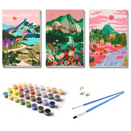UNIQUORS Paint by Numbers Adult Landscape with Frame, Pack of 3 DIY Oil Painting on Canvas, Flowers, Tree and Mountain, Painting Abstract Colourful Kit with Brush and Acrylic Pigment, 20 x 30 cm