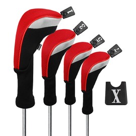 Andux 4pcs/Set Golf 460cc Driver Wood Club Head Covers Long Neck with Interchangeable No. Tags Black/Red