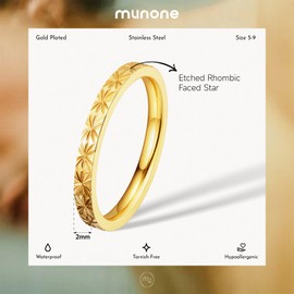 munone Etched Rhombic Faced Star Ring for Women Men, 18k Gold Plated Titanium and Stainless Steel Band Ring