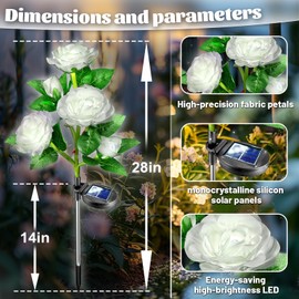 Solar Flowers Lights Outdoor Waterproof Decor,2 Pack 10 White Roses Garden Lights for Yard Grave Cemetery Flower Bed Patio Decorations Outside,Mothers Day Birthday Gifts for Women (White)