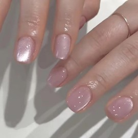Press on Nails Short Square SWEKKE Fake Nails Pink Full Cover Magnetic Nails Press on Glossy Glue on Nails False Nails with Nail Glue Acrylic Nails Artificial Nails for Women Girls 24Pcs