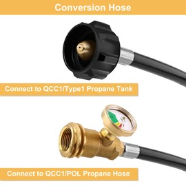 WADEO 6 Feet Propane Tank Extension Hose with Gauge, Include Tank Adapter Converts POL 100 lb Propane Tank to QCC1 for Gas Grill, Heater and Propane Appliances