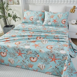 Brandream Luxury Nautical Bedding Queen Size Sheets Set Egyption Cotton Coastal Beach Bed Sheet Set Deep Pockets 18 Inch 4-Piece Summer Sheets