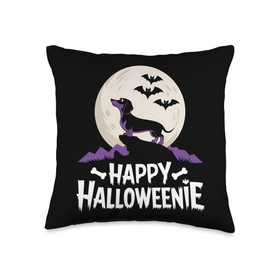 Happy Halloweenie Dachshund Moon Bat Cute Weiner Dog Throw Pillow