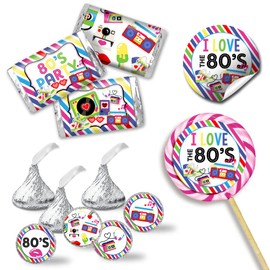 Totally Awesome 80's Themed Birthday Party Sticker Bundle Kit - 429 pieces!!! Includes 60 2" Circle Stickers for Favors & Goodie Bags, 45 Mini Candy Bar Wrappers & 324 Round Candy Kiss Stickers by