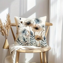 Watercolor Floral Summer Linen Throw Pillow Covers, 18 x 18 inches, Set of 4, Blue and Beige Soft Green and Blue Tones Plants Decorative File Cushion Covers, Home Decor for Office car Farmhouse