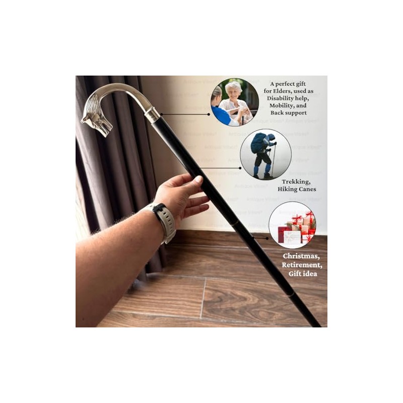 Wooden Walking Cane with Wolf Head Handle, Black Wood and