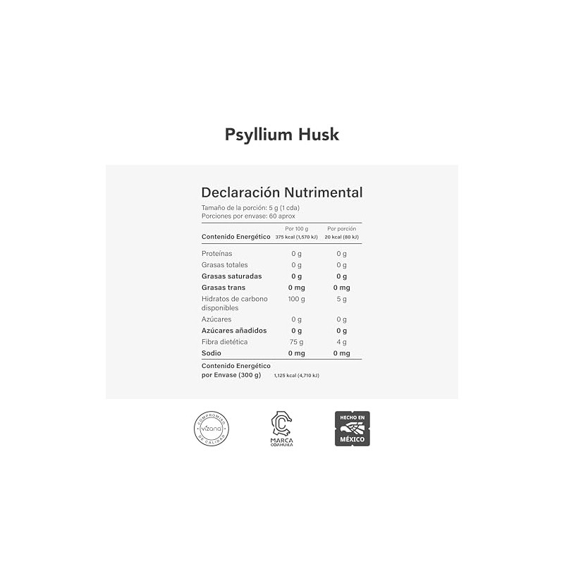 VIZANA NUTRITION | Psyllium Husk Natural, 600g Sin Azucar, Cáscara