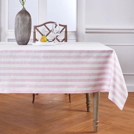 Solino Home Linen Striped Tablecloth 60 x 108 Inch - 100% Pure Linen Pink and White Table Cloth for Rectangle Tables - Sorrento Stripe, Machine Washable Tablecloth for Summer
