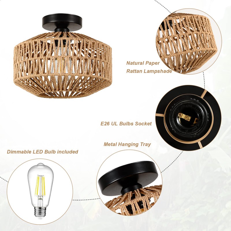 Jobtical Boho Light Fixtures Ceiling Mount,Mini Rattan Chandelier Light Fixture