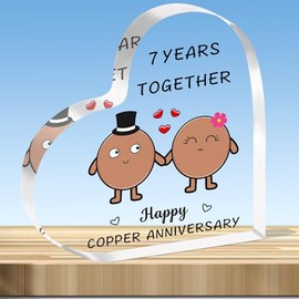 JMIMO 7th Wedding Anniversary Plaque Gifts 7 Years Together - Happy Copper Anniversary Heart Shaped Acrylic Plaque for Couple Wife Husband