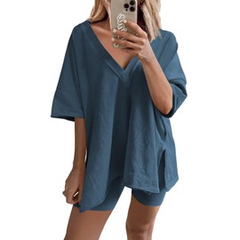 Ailoqing 2 Piece Outfits for Women Summer Oversized V Neck T Shirt Biker Short Sets Hot Shot Reversible Set(Blue-M)