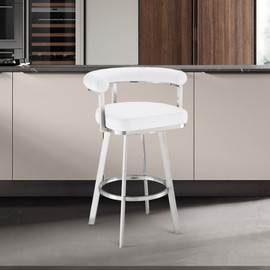 Armen Living Magnolia Swivel Bar Stool in Brushed Stainless Steel with White Faux Leather