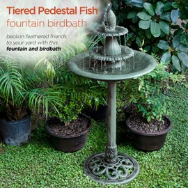 Alpine Corporation TEC104 Outdoor Floor 3-Tiered Pedestal Soothing Cascading Waterfall Fountain with Birdbath, 40", Green