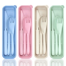 DISSKNIC 4 Sets Portable Utensils Set with Case, Travel Utensils Fork and Spoon Set for Lunch Box Accessories, Reusable Lunch Utensils Set for Work, Travel Accessories Camping Utensil Set and Home Use