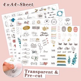 BOWINR Wedding Stickers for Scrapbooking, 4 Sheets 230 Illustrations Phrases Transparent Waterproof Stickers, Bridal Shower Engagement Marriage Anniversary for Wedding Planning Embellishments,Envelope