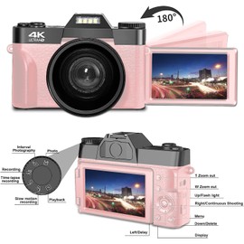 eDealz 4K 56MP Digital Camera Kit for Photography, Vlogging Camera YouTube with Flip Screen, WiFi, Wide Angle & Macro Lens, 64GB Micro SD Card, 50" Tripod, Case, Card Reader, Microphone, LED (Pink)