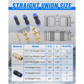 EilxMag 50PCS Push to Connect Fittings Kit, Plastic and Brass Combination Quick Connect Air Hose Fittings, 1/8" 1/4" 3/8" Straight Push Connectors, DOT Air Fittings for Truck or Industrial Air System