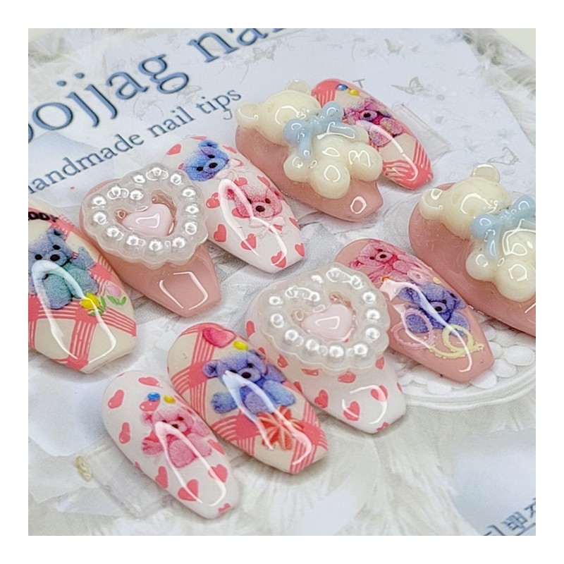 Teddy bear handmade nail tips - Coffin Egg / 테디
