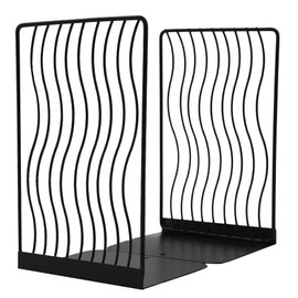 1 Pair Simple Black Metal Bookends, Wavy Line Hollowed Kids Nonskid Thickening Iron Book End Book Organizer L Shape Modern Geometric Design Bookend for Desk Shelves Library School Office Home Decor