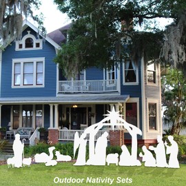 Shellwei 16pcs Large Christmas Outdoor Nativity Scene Set with Lumen Light White Weatherproof Holy Family Outdoor Decorations Nativity Set Lawn Signs for Christmas Holiday Yard Home Decorations