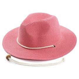 Koreshion Women Straw Panama Hat Summer Wide Brim Fedora Cap Beach Sun Hats UV UPF50+ Pink