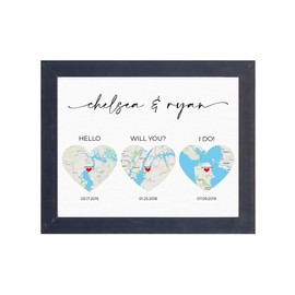 Push Pin Travel Maps Hello, Will You, I Do Wall Art - 3 Heart Map Art - Carnival Espresso Frame - Where we met map - 15.75" x 12.75"