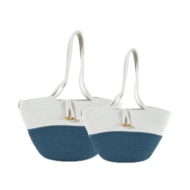 Elegant Handmade Cotton Cord Women Bag – Stylish & Versatile for Hand & Shoulder Carry, Set of 2, 15”x9” and 13”x8”, Petrol Blue/Off-White