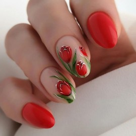 Valentine's Day Red Press on Nails Almond Glossy Full Cover Medium False Nails with Rose Designs Reusable Acrylic Flower Fake Nails with Glue Stick on Fingernails for Women Girls