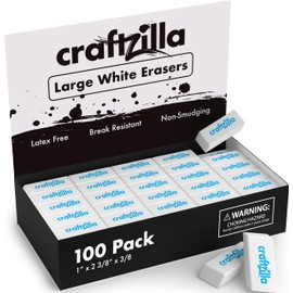 Craftzilla White Erasers 100 Pack - Large Latex-Free Bevel Erasers for Kids, Classroom, and School Supplies - Ideal Eraser for Pencils and Drawing