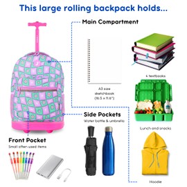 J World New York Sunrise Kids Rolling Backpack for Girls Boys Teen. Roller Bookbag with Wheels, Puffy Flower, 18"